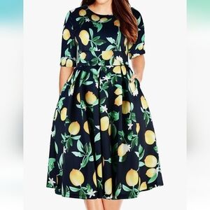 Lemons Women's Plus Size Floral 3/4 Sleeve Backless Cocktail Party Swing Dress